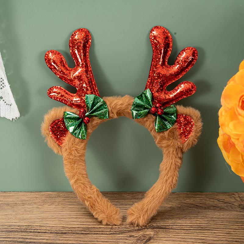 High-End Children's Christmas Antler Plush Headband with Bell Bow