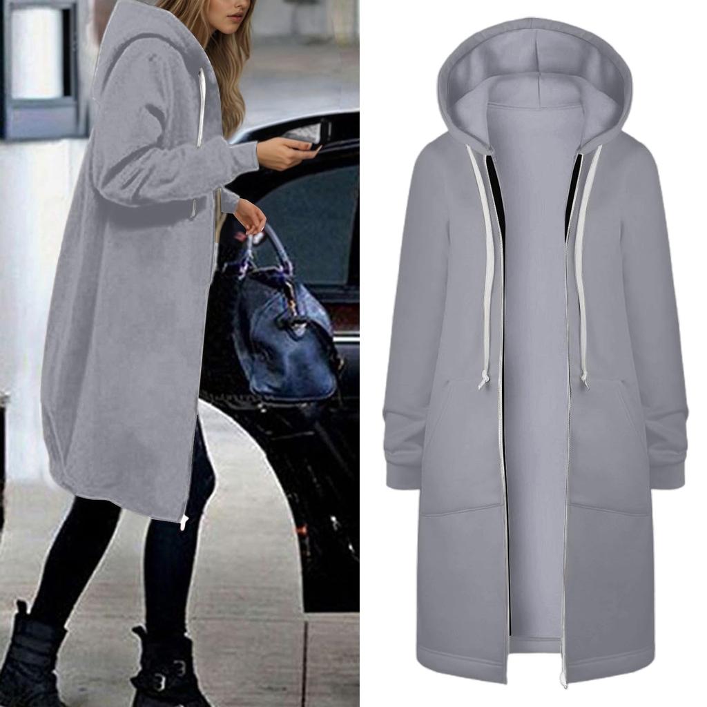 Women's Fashionable Solid Color Long Sleeved Pocket Long Hoodies Zipper Casual Coat Fall Jackets Sweatshirts Clothes