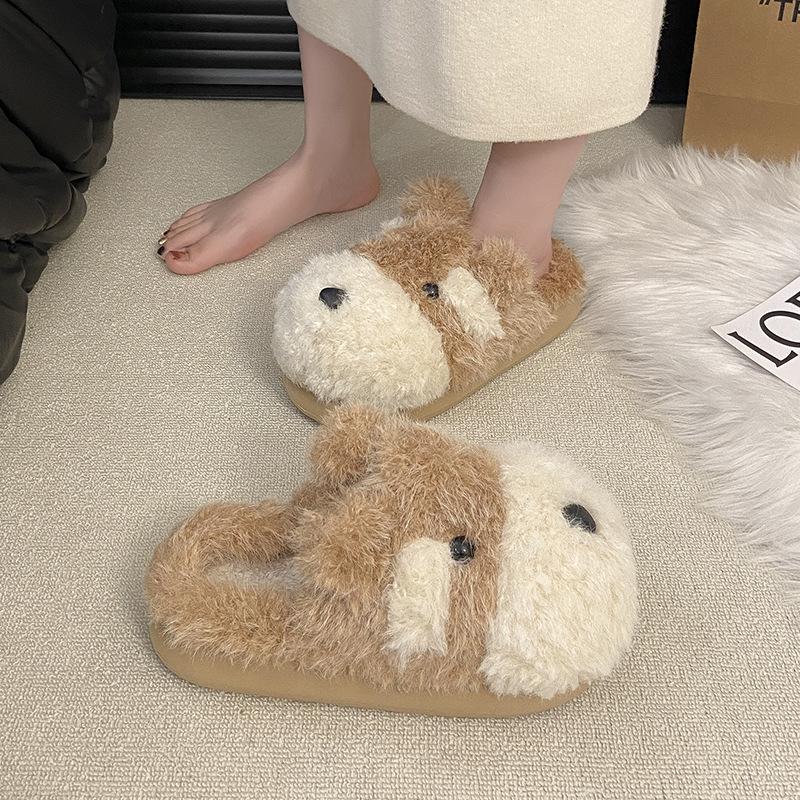 Mao Mao slippers women 2025 autumn and winter cute retro warm thick-soled half slippers cartoon color matching casual cotton slippers