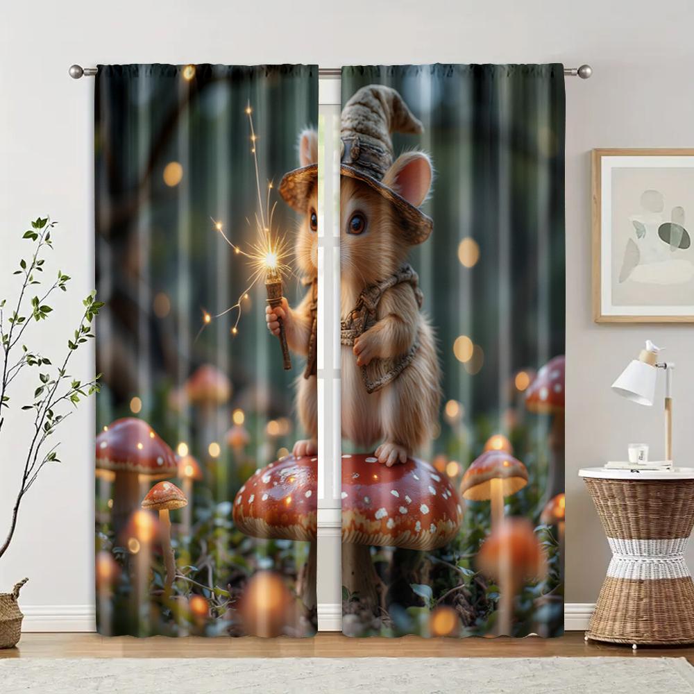

2 pcs, filtering curtains (excluding rods, non-movable, without batteries) Mouse on a Mushroom for use in bedrooms and living 29x65in(75x166cm)