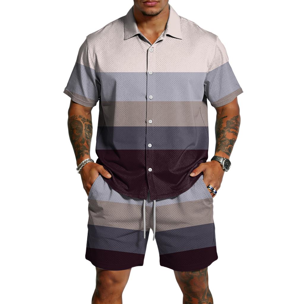 Herren Kurzarm Hemd mit Knöpfen und Shorts Set Lässiges Gestreiftes Zweiteiliges Outfit Entspannte Passform Sommerkleidung für Herren