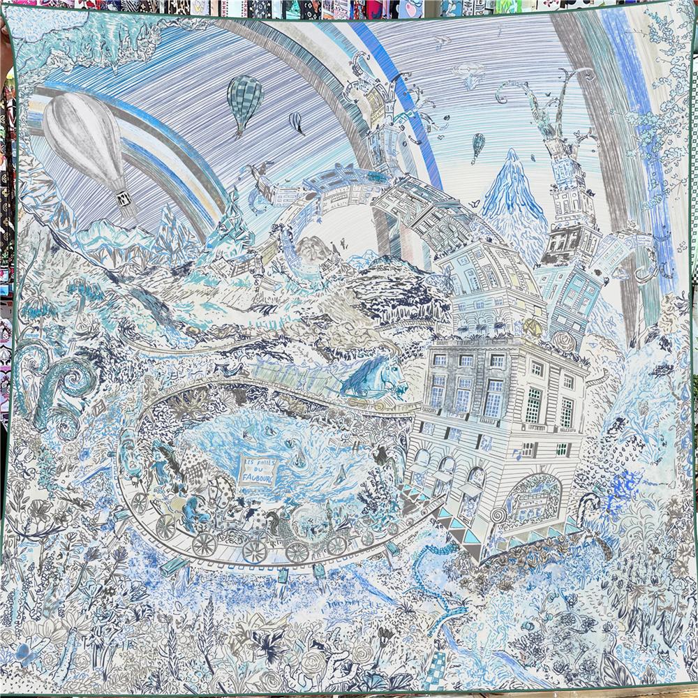 

POBING 30% Silk 70% Cashmere Scarf Women Hand Rolled Ocean City Print Square Scarves Wraps Bandana Big Hijabs Female Foulard 135CM x 135CM