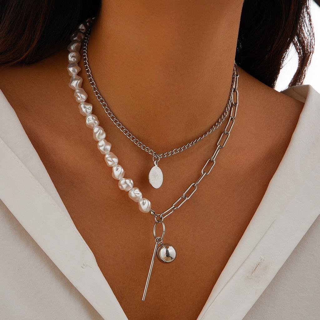 Simple Special-Shaped Imitation Pearl Multi-Layer Stacked Necklace, Personalized Metal Sequined Hanging Ball Necklace For Women
