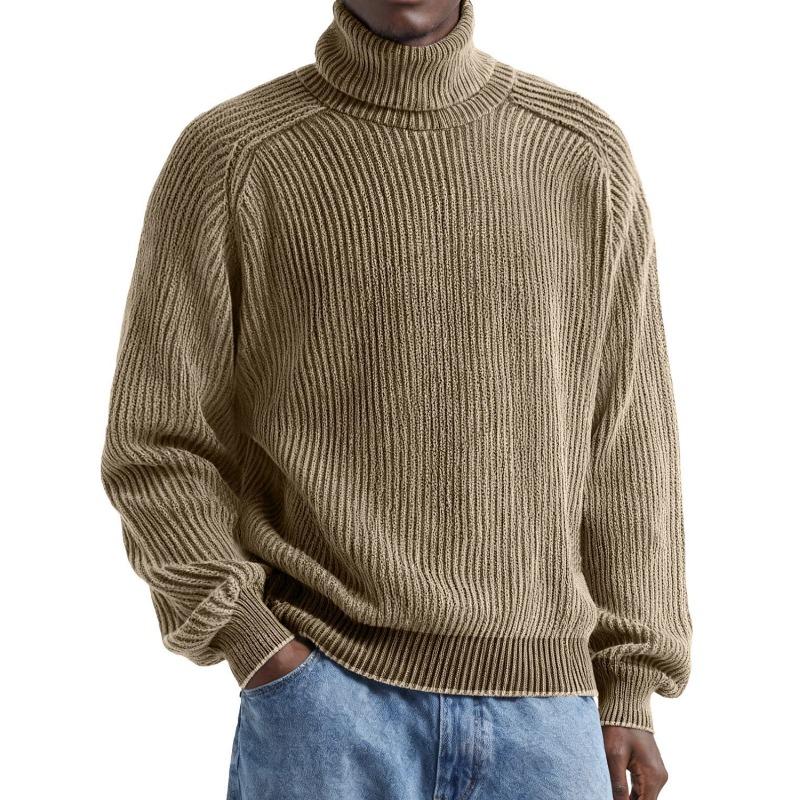 Mens Ribbed Knit Turtleneck Sweater Casual Washed Solid Color Loose Fit Pullover