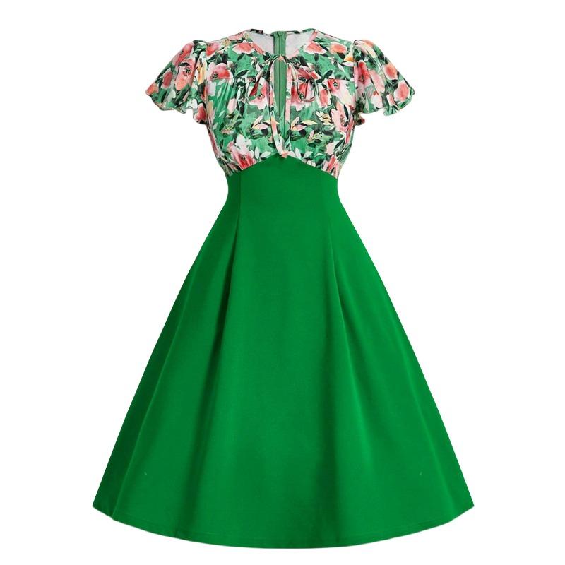 

Retro women s clothing source, summer round neck short-sleeved lace-up slim-fitting net color pendulum dress XXL