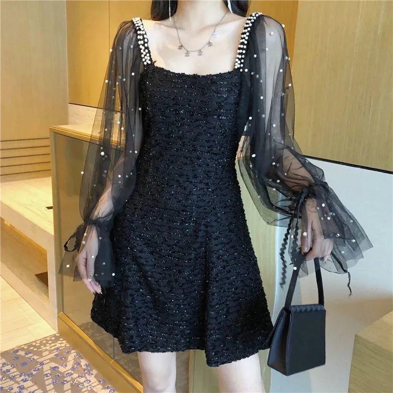 2026 Women's Elegant Mid-Length Mesh Splice Dress - Spring/Autumn, Waist-Cinched, Long Sleeve, Little Fragrance Style.