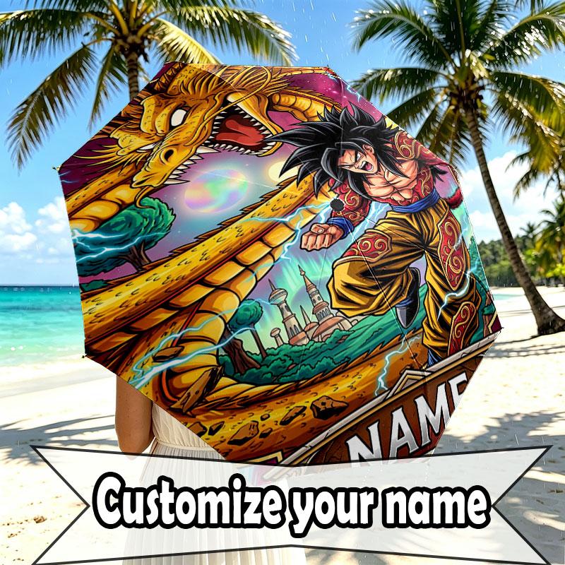 Custom Name Personalized Dragon Ball Z Print Umbrella, Auto Open Close, 8‑Rib Sturdy Frame, Commute Camping Hiking Use, Birthday Gift