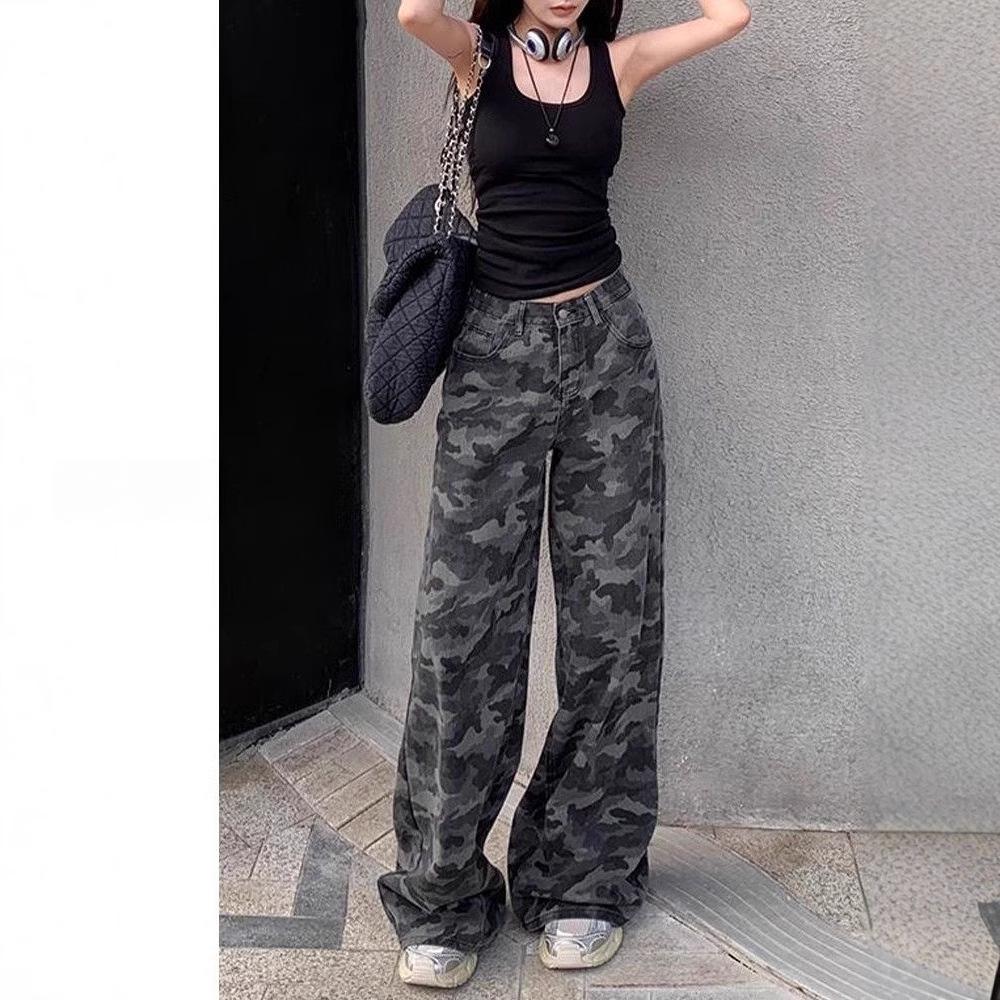 Dámské retro bavlněné kalhoty s maskáčovým vzorem a širokými nohavicemi - Kolekce jaro/léto 2025, Volný střih plus size