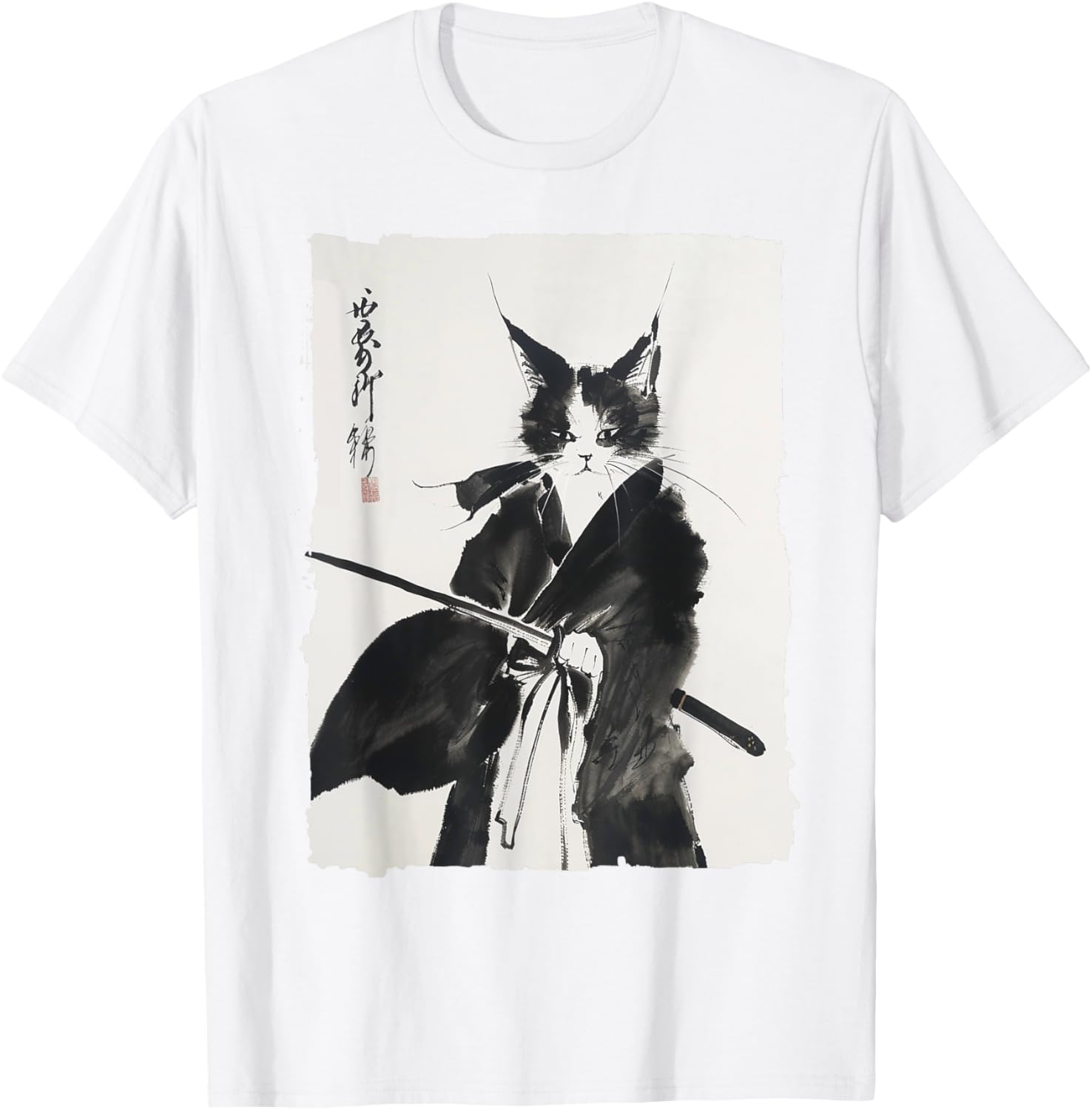 Samurai Cat Vintage Warrior Graphic Printed Cat Art Haikyuu Womens Tshirts Y2k Tops Short Sleeve Round Neck Casual Clothing S