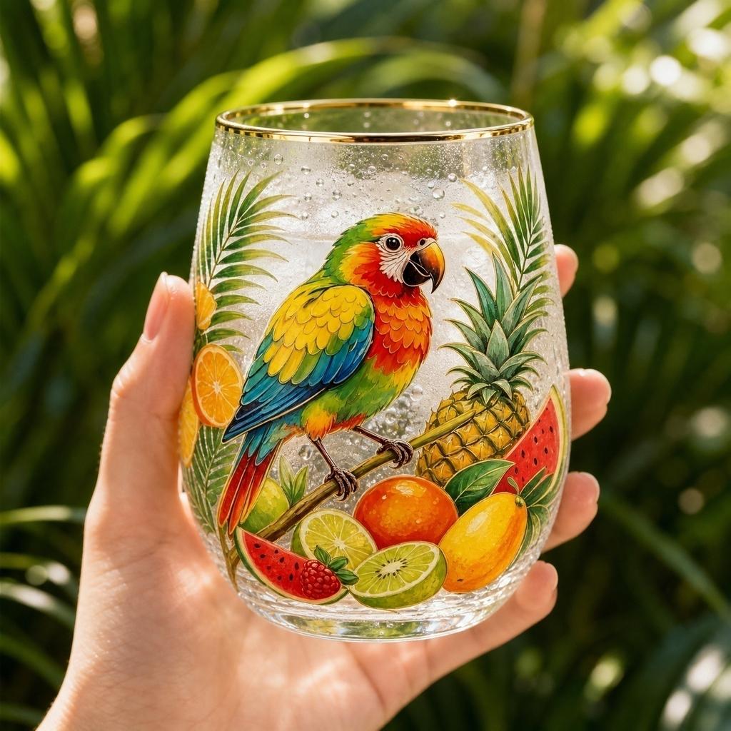 Glass Juice Cup with Tropical Fruit and Parrot Print Stemless Drinking Glass Suitable for Home Use Durable and Decorative Beverage Container