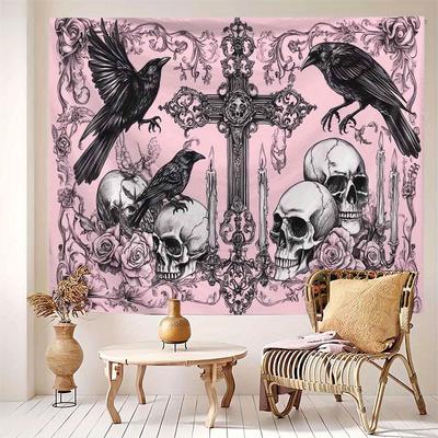 Create Gothic Dark Tapestry - Pink & Black Color-Blocking with Raven & Skull Design, Ideal Bedroom Headboard Wall Art & Theme
