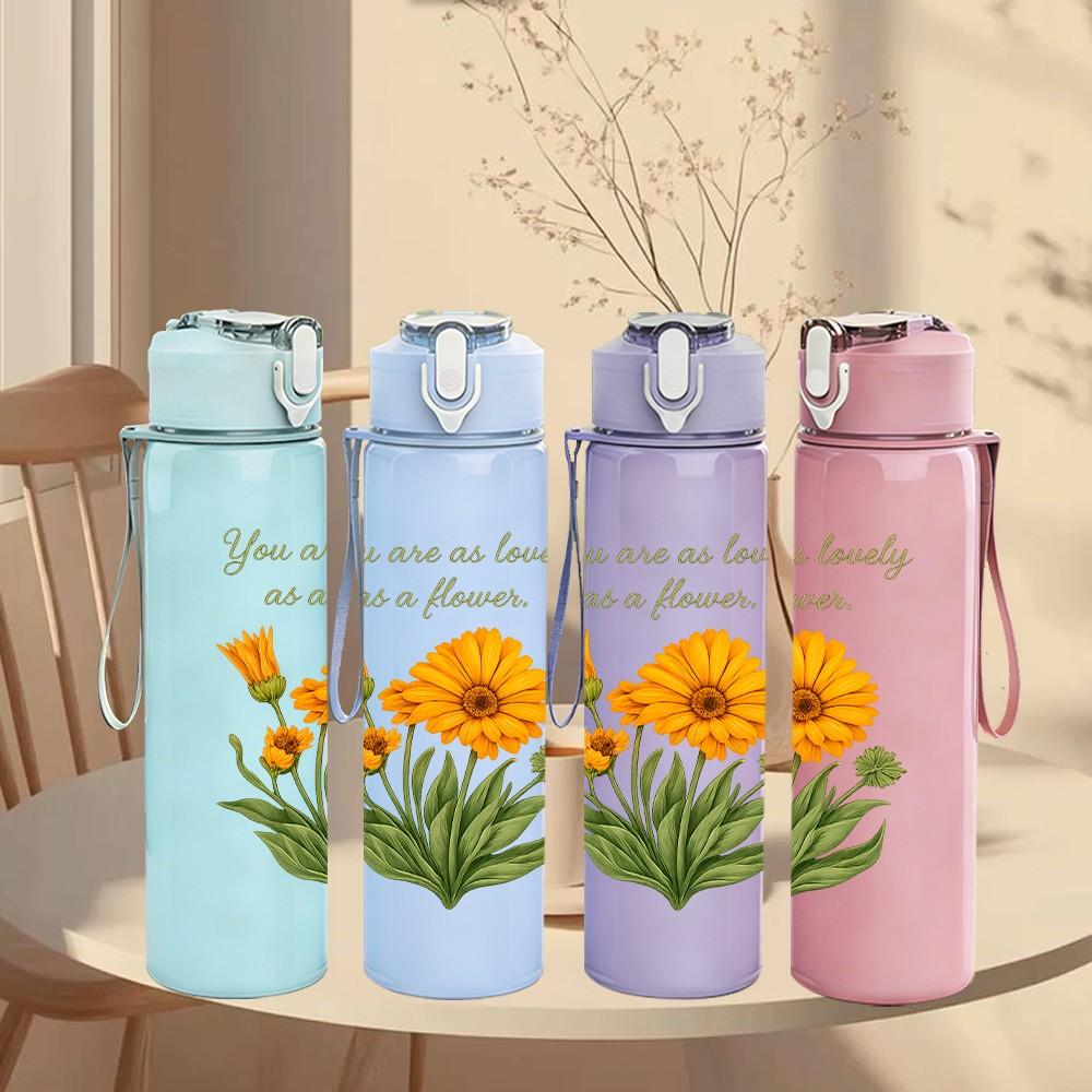 1PC Yellow Wildflower Bouquet 750ml Color Plastic Sports Water Bottle Leakproof Suitable for Sports Office Home Use