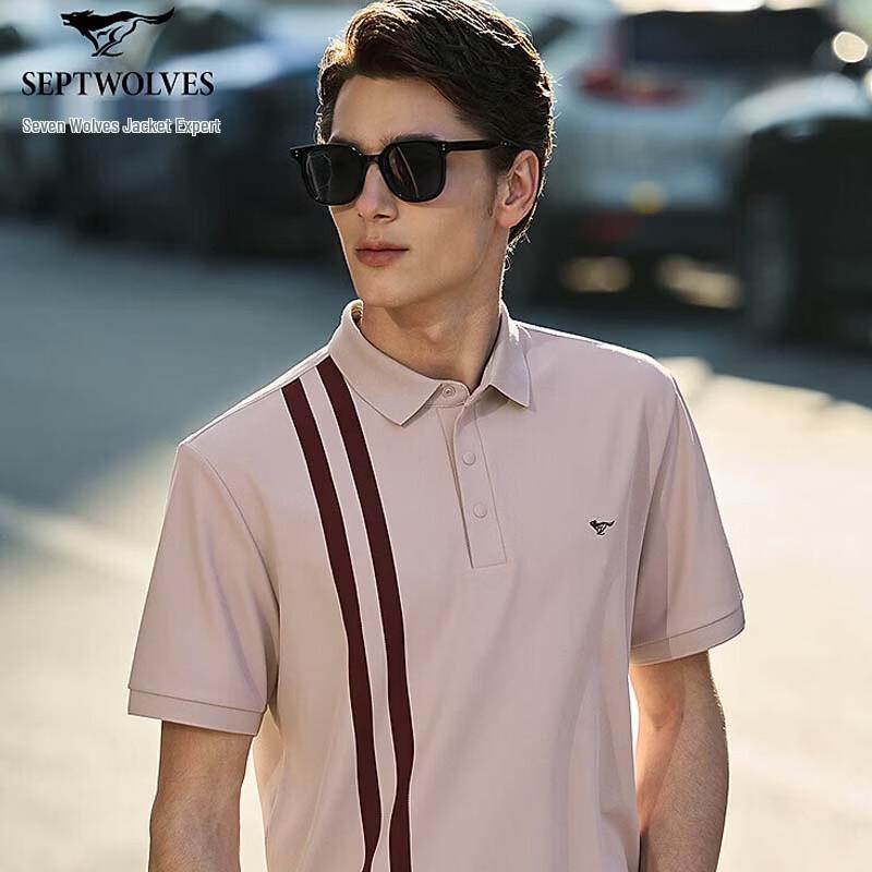 SEPTWOLVES Men s Quick-Dry Elastic Striped Short Sleeve Polo Shirt L