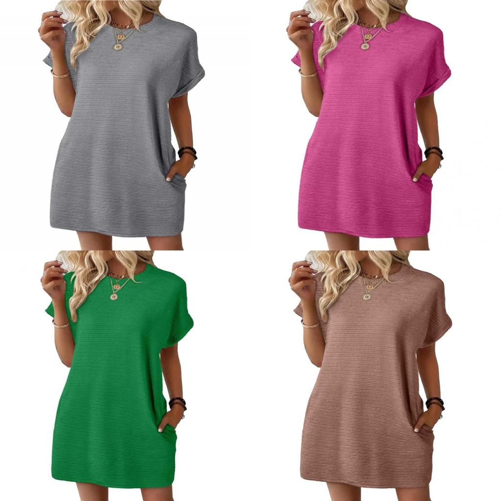 Europe Style Short Sleeve Dress With Pockets And Distressed Effect For Casual Summer Wear