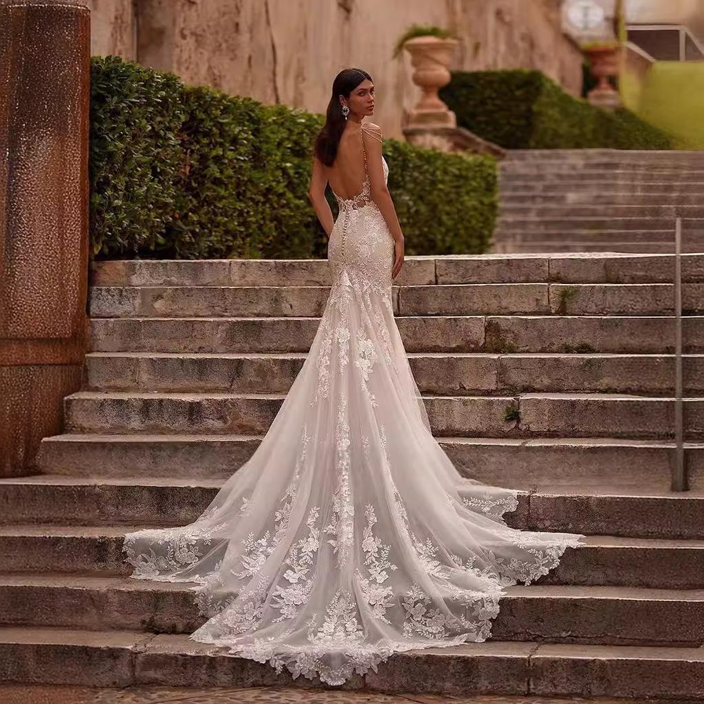 Premium Light Luxury European and American Hollow Lace Sexy Thin Suspender Evening Dress Mermaid Trailing Light Wedding Dress New
