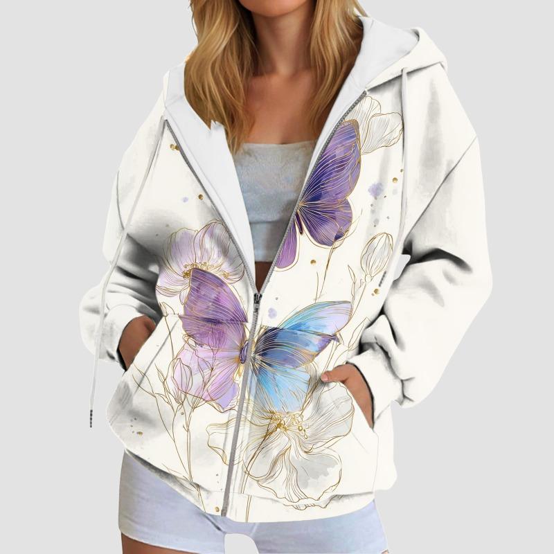 Damen Kapuzenpullover mit Schmetterlings-Grafik Herbst Reißverschluss Langarm Lockere Jacken Mäntel Streetwear Harajuku Lässige Kapuzenpullover