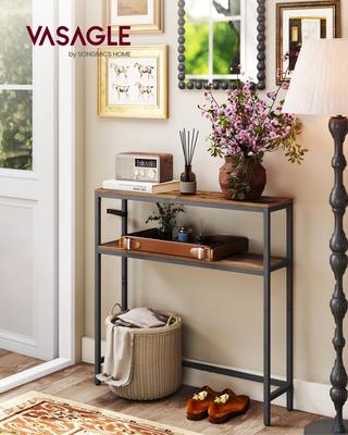 Tavolino da console, Tavolino slim a 2 ripiani per divano, 20 x 80 x 80 cm, Tavolino da corridoio con 2 ripiani, per soggiorno, ingresso, Marrone rustico e Nero inchiostro