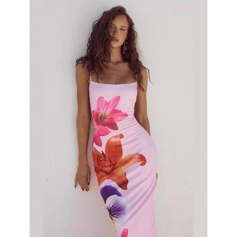 European and American style 2026 summer women's new sexy suspender flower print slim dress