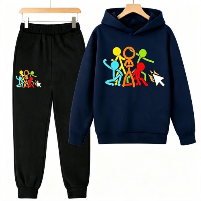 Creative Character Actions Print Kids Pullovers Pants 2-piece Set Street Casual Fashion Hoodies Vintage Boy's Girl Clothes