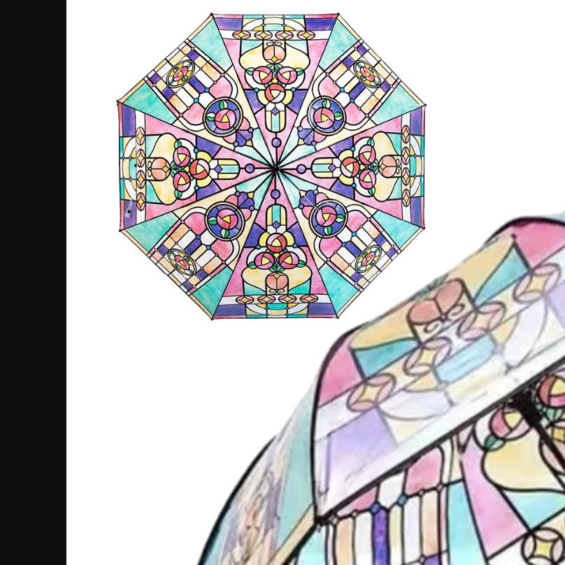 Portable Travel Umbrella Vintage Stained Glass Automatic Folding Umbrella Romantic Sunny Hand-Painted Clear Umbrellas