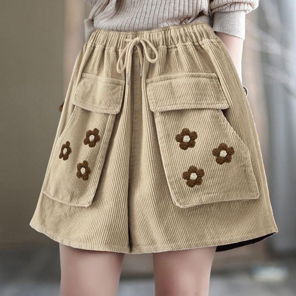 Damen Cordshorts Sommer Retro Locker Chinesischer Stil Tasche Gehäkelt Lässige Weitbeinshorts