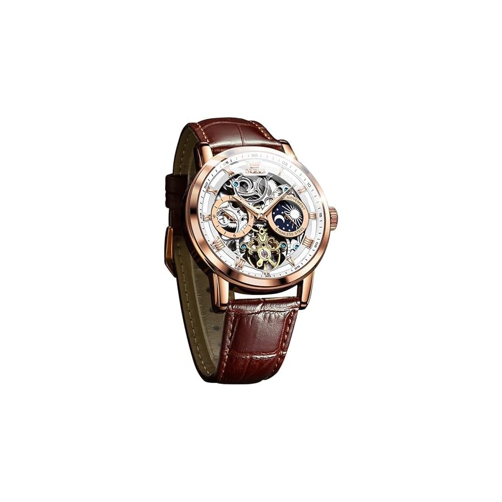 OLEVS Men s Mechanical Automatic and Manual Leather Fashion Watch White Skeleton Moon Phase Luminous Waterproof