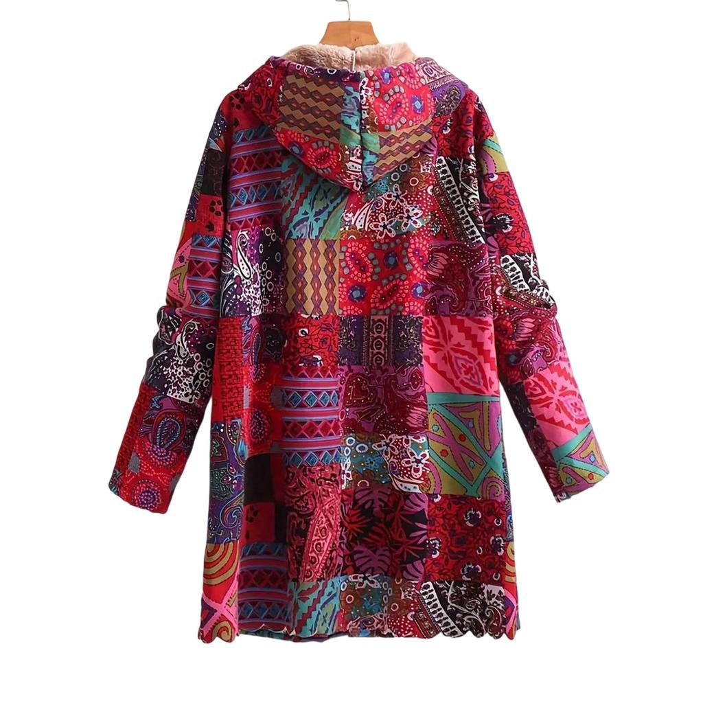 Womens Winter Button Patchwork Fleece Hooded Jacket Coat Long Sleeve Warm Liner Pocket Coat