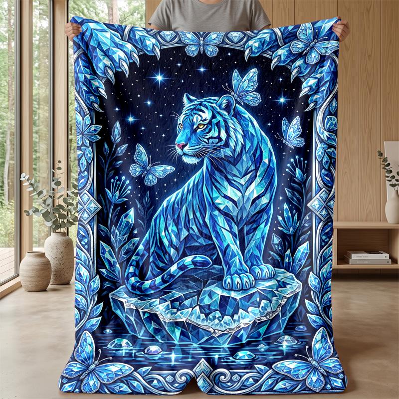 Blue Tiger Fantasy Blanket Personalized Name Flannel Blanket Soft Cozy Plush Throw for Sofa Bed Lightweight Home Decor