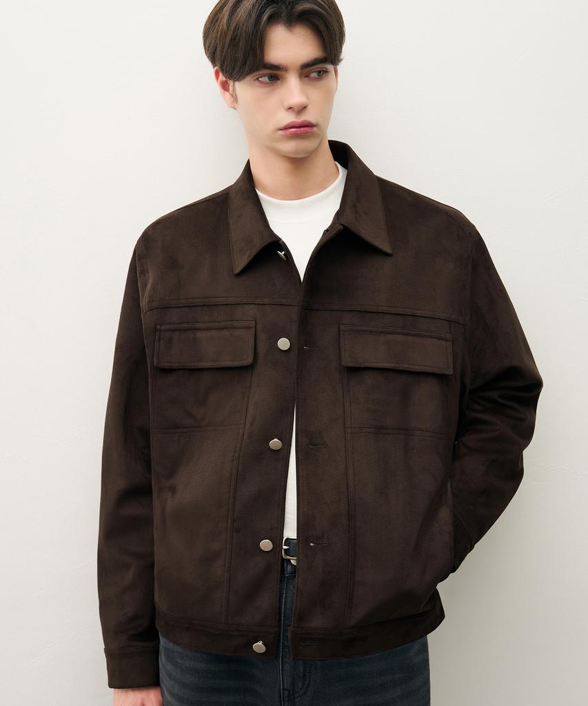Draw Fit Layered Minimal Suede Jacket [Brown]