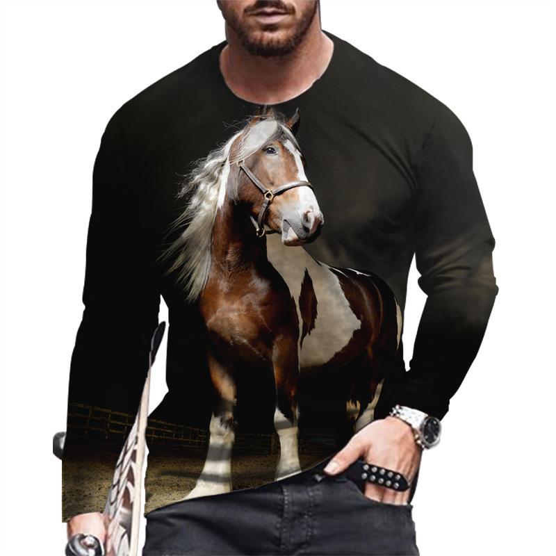 Spring and Autumn Round Neck Horse 3D Printed Top Fashionable Casual Long Sleeved Men's T-shirts