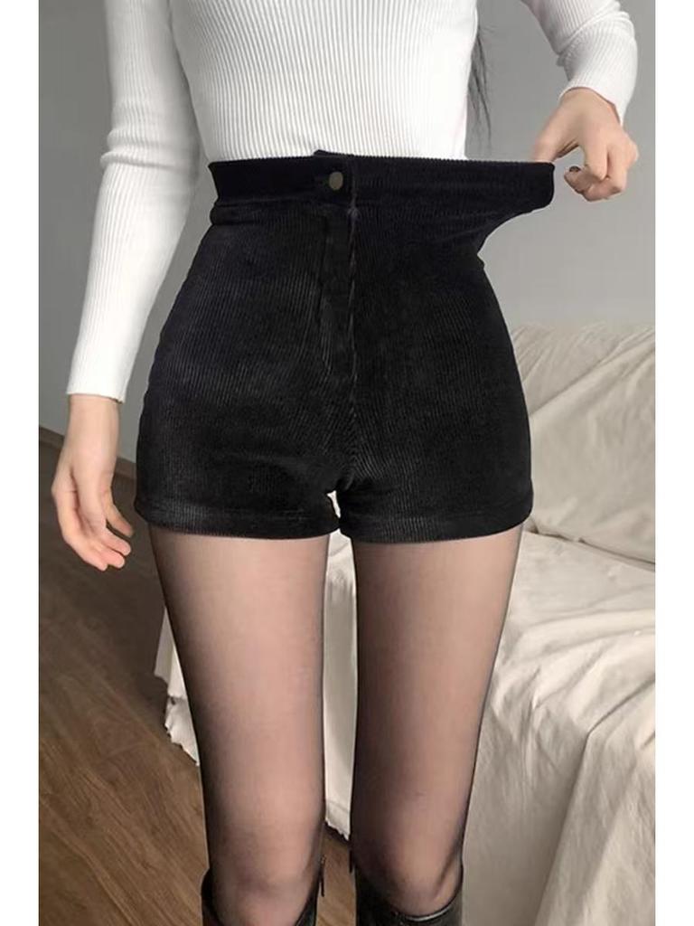 Black Fleece-Lined High Waist Corduroy Shorts - Women's Autumn/Winter Casual Booty Hot Pants