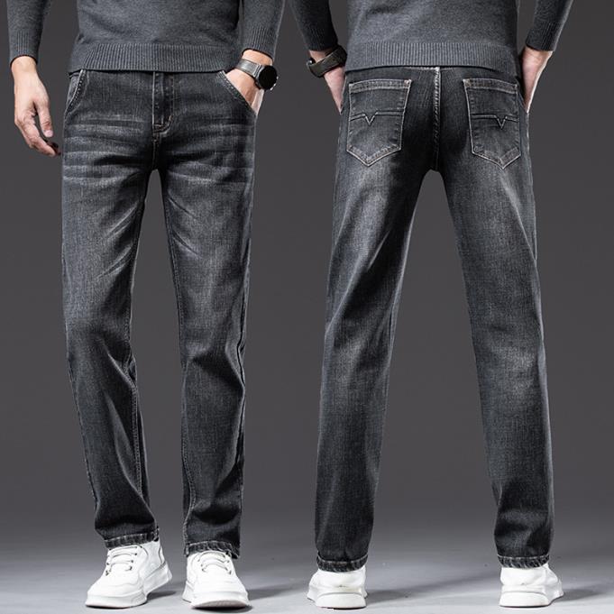 High-end Smoke Gray Jeans Straight Loose Spring and Autumn Thick Medium Diagonal Pocket Casual Pants Large Size Winter