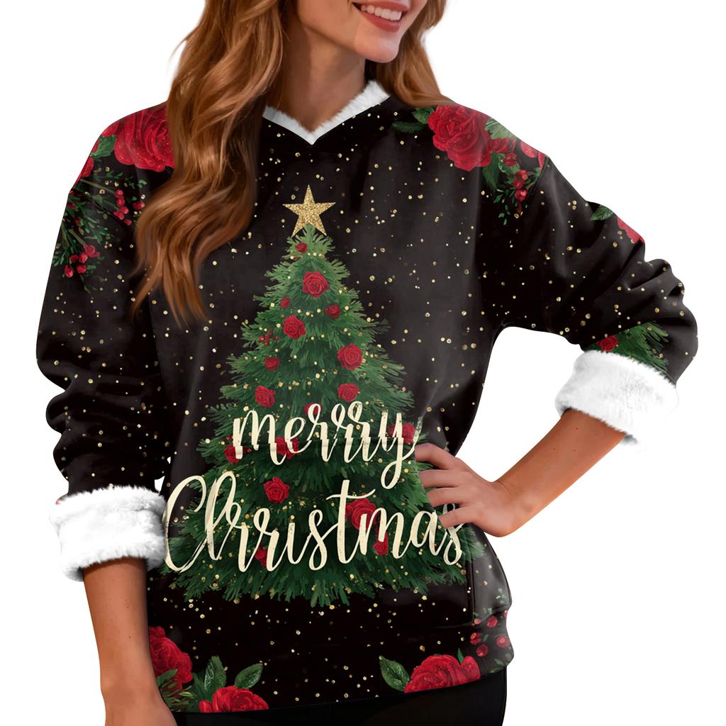 Women's Casual Fashion Plus Velvet Thickened Christmas Print Hooded Sweatshirt