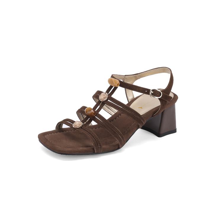 Fashion New Summer Sandals Women Shoes Square Toe Sandals for Women Fashion Retro Chunky Heel Sandals Gladiator Shoes High Heels Brown