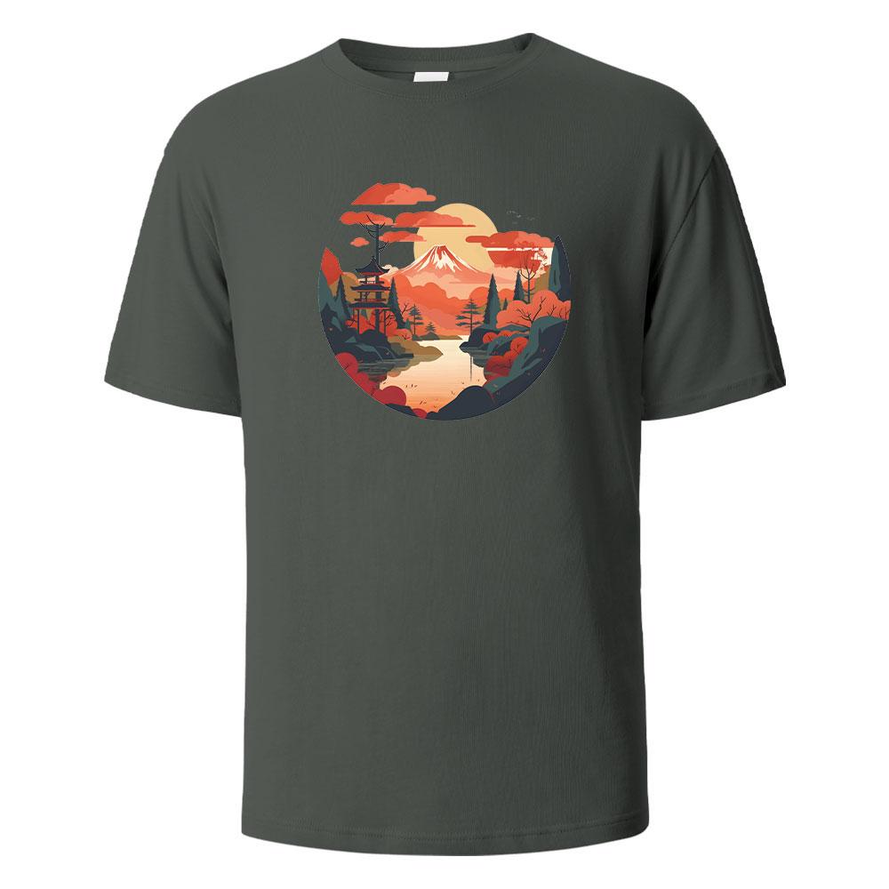 Mount Fuji Print TShirt Casual Short sleeved Streetwear Basic Tops Summer Tees For Men Women 100 Cotton Oneck Oversize