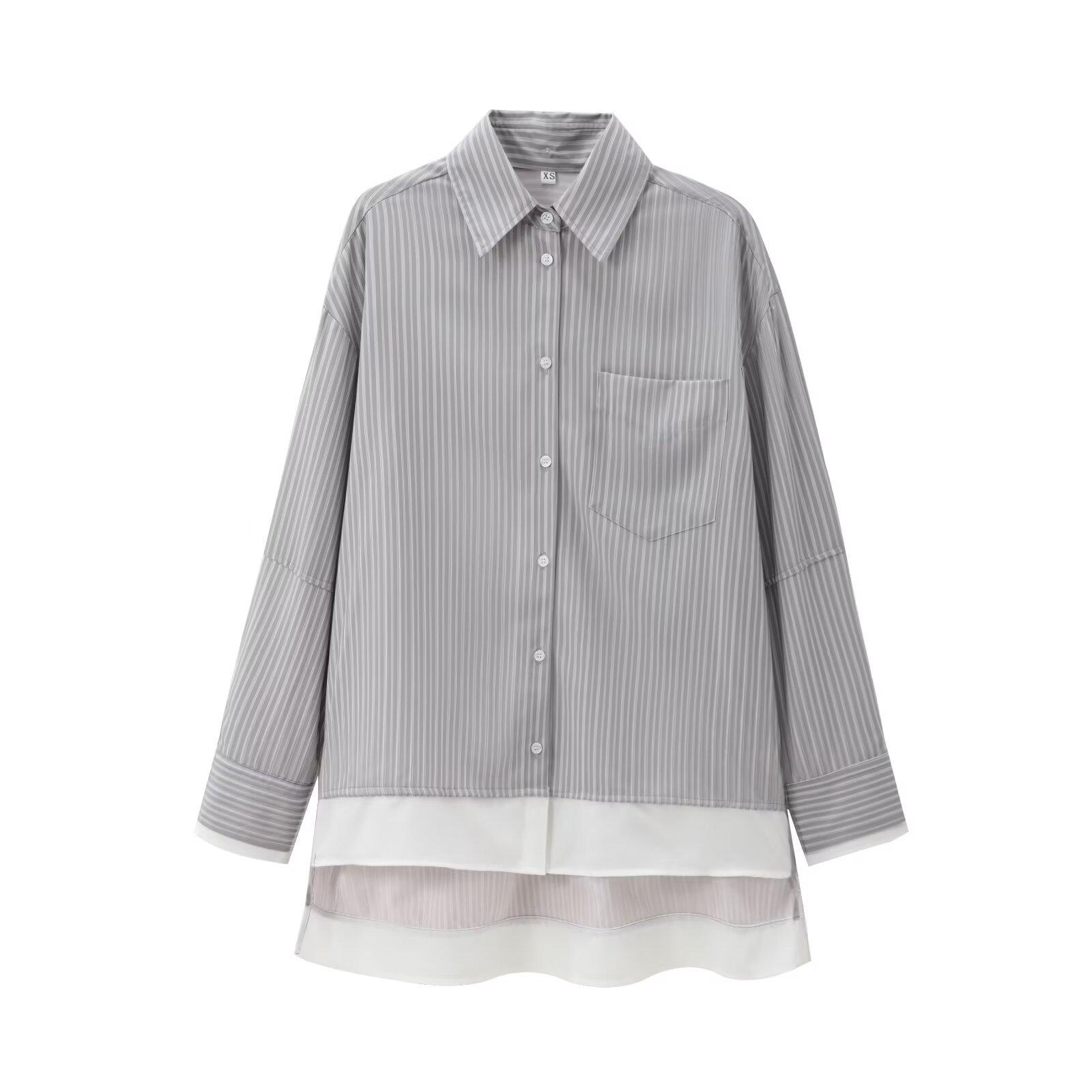 

Женская осенняя рубашка 2024 года в полоску, пэчворк, с длинным рукавом - европейская и американская уличная мода. Large