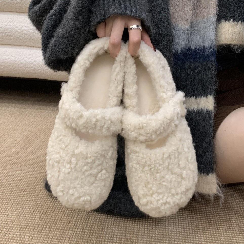 Gentle Fairy Wind Round Head Mary Jane Plush Shoes Women Wear Flat Cotton Single Shoes Doudou Shoes In Winter