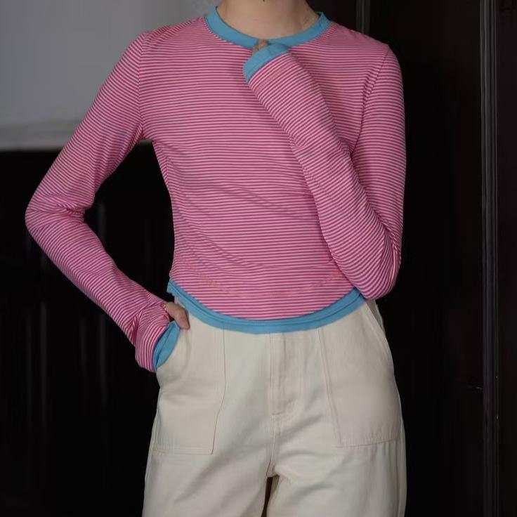 

2025 Jimo Корейская приталенная футболка с длинным рукавом из двух частей в контрастную полоску для женщин Small