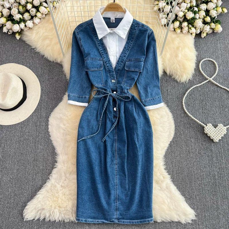 

Denim Spring and Autumn New Arrival K-style Shirt Dress Fake Two-Piece Blue L