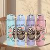 1PC Sloth Holding Flower Print 750ml Color Plastic Sports Water Bottle Leakproof Flip Straw Lid Suitable for Sports Office Home Use