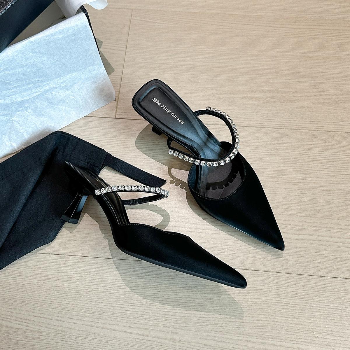 

623-2 high-end pointed high-heeled single shoes new French rhinestone chain bag head half-drag dress women s shoes stiletto 35 чёрный