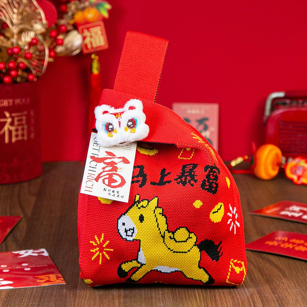 Year Of The Horse Red Knot Wrist Handbag Cartoon Mascot Pony Knitted Candy Tote Bag Reusable Shopping Bag Gift Packaging Bag