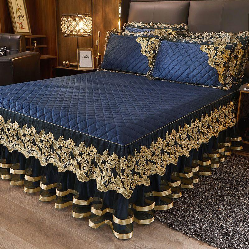 3PCS European Crystal Velvet Bed Skirt Winter Lace Velvet Bed Cover Warm Non-slip Thickened Fleece Bedding Three-piece Set