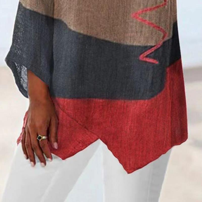 Casual Loose V-Neck Irregular Hem Art Print Long Sleeve Retro Skin-Friendly Asymmetric Hem Tunic  S-5XL Women'S Top