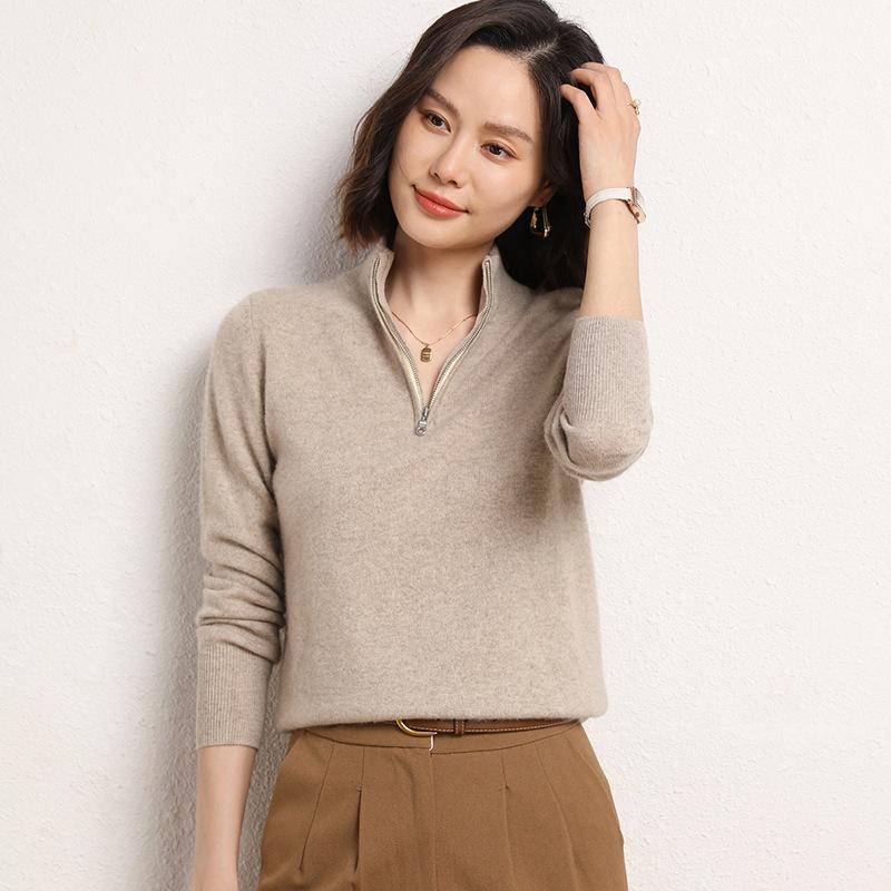 Turtleneck Zipper Cashmere Sweater for Women In Autumn and Winter Solid Color Pullover Top Fashionable and Versatile Skin-friendly and Warm Sweater