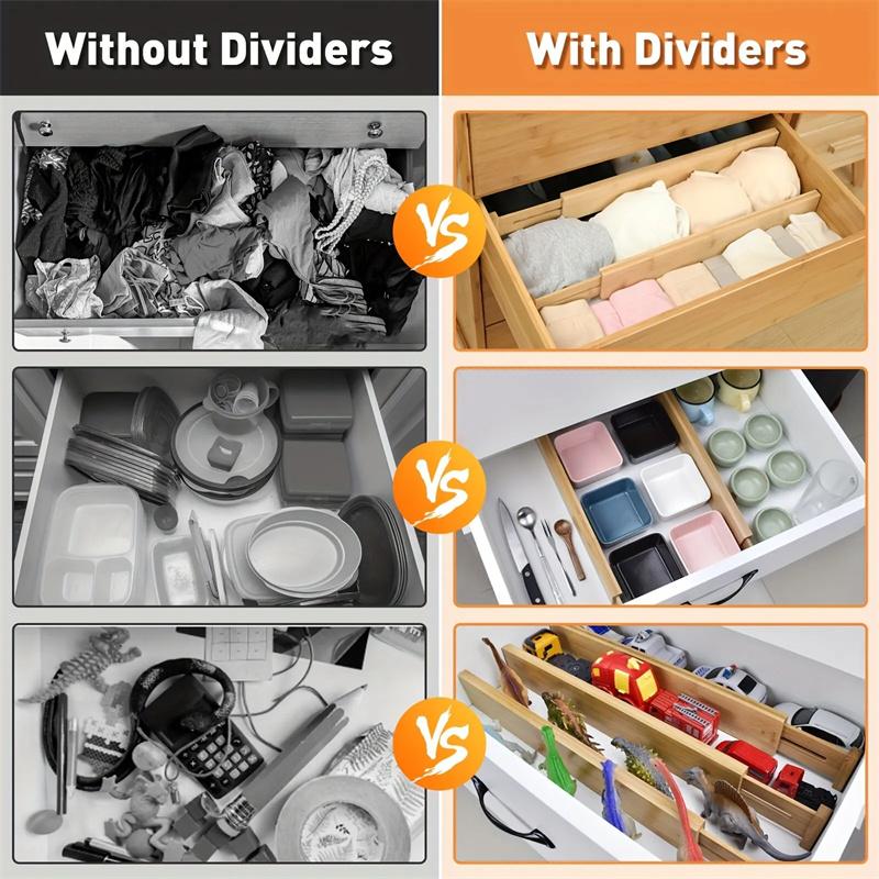 4 Stück Bambus Schubladenteiler Organizer Verstellbare Ausziehbare Federbelastete Schubladentrenner für Küche Schlafzimmer Kommode Büro