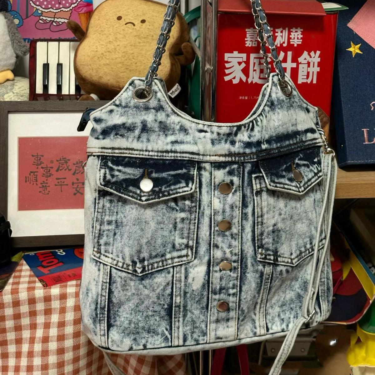 

JIAERDI Hot Girls Denim Shoulder Bags Women Harajuku Aesthetic Chain Pocket Y2k Handbag Female Vintage Underarm Crossbody Bag світло-синій колір