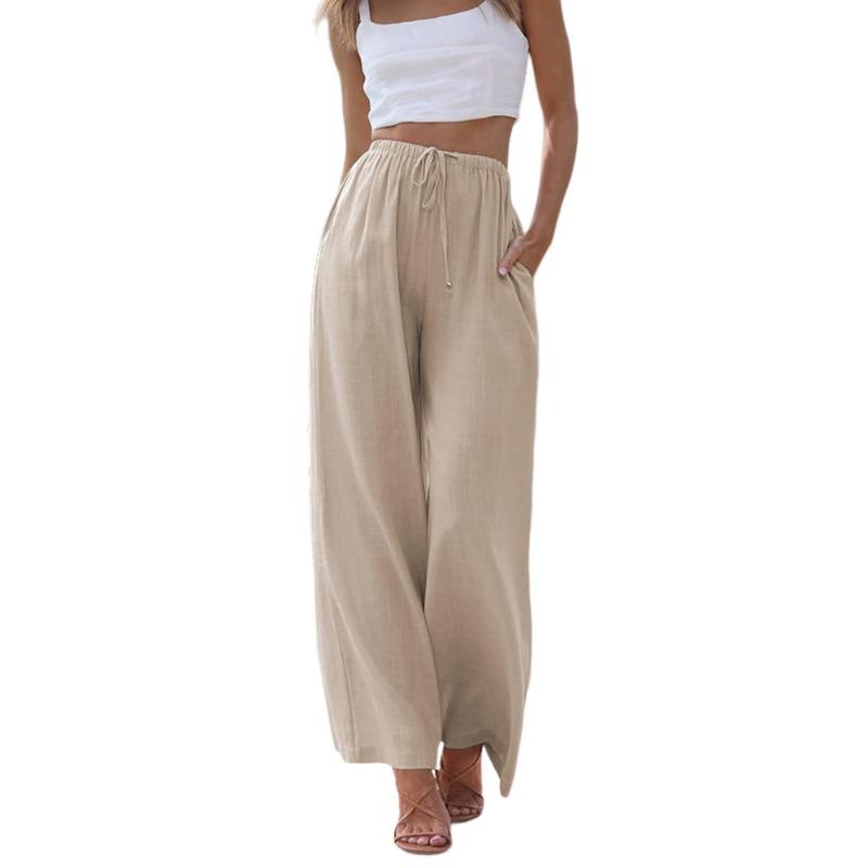 Women's Drawstring Waist Wide Leg Pants Casual Loose Linen-Look Trousers with Pockets
