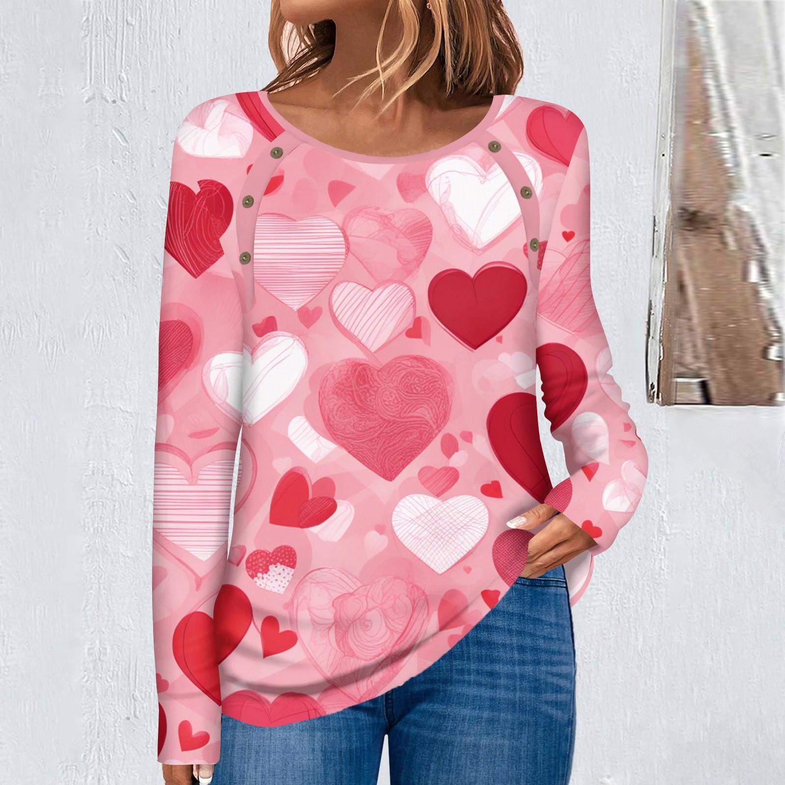 

Women s Fashion Casual Round Neck Long Sleeve Cute Print Button Decorated T-Shirt Top L рожевий
