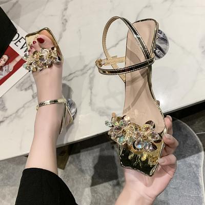 Luxury Women Chunky Brand Sandals Mid Heels Shoes Spring Summer New Fashion Crystal Dress Party Slingback Women Slippers